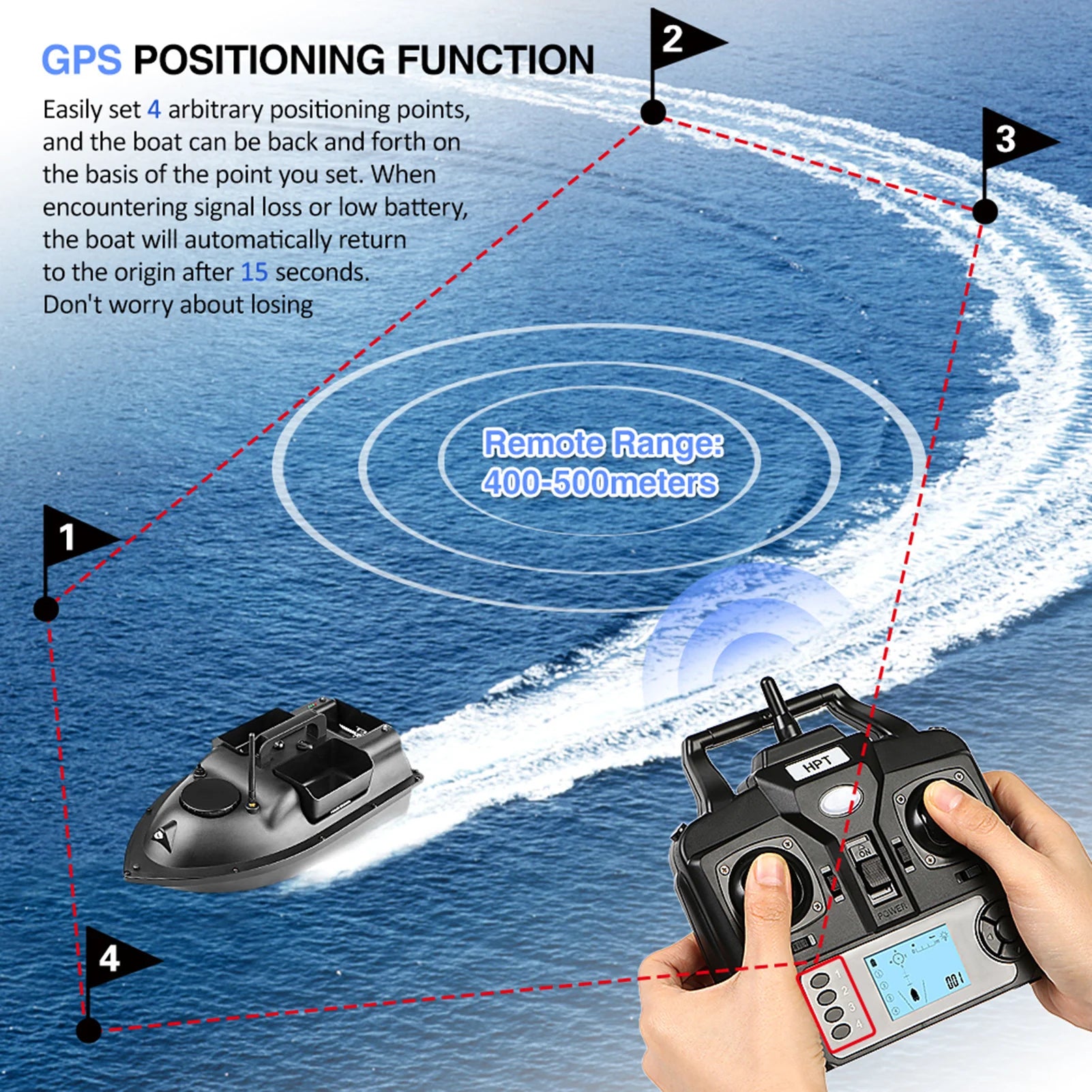 GPS Fiskebåd med agn, 12000mAh batterikapacitet, automatisk returfunktion