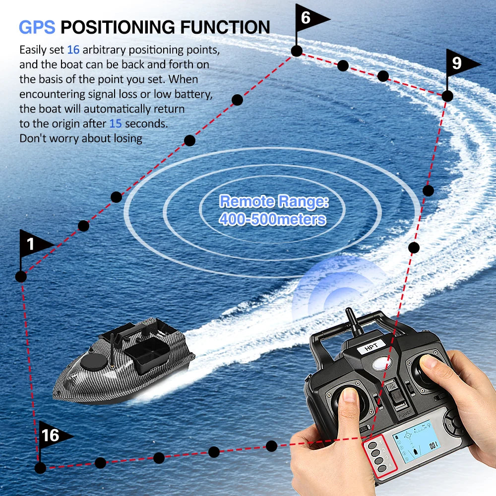 GPS Fiskebåd med agn, 12000mAh batteri, fjernbetjening