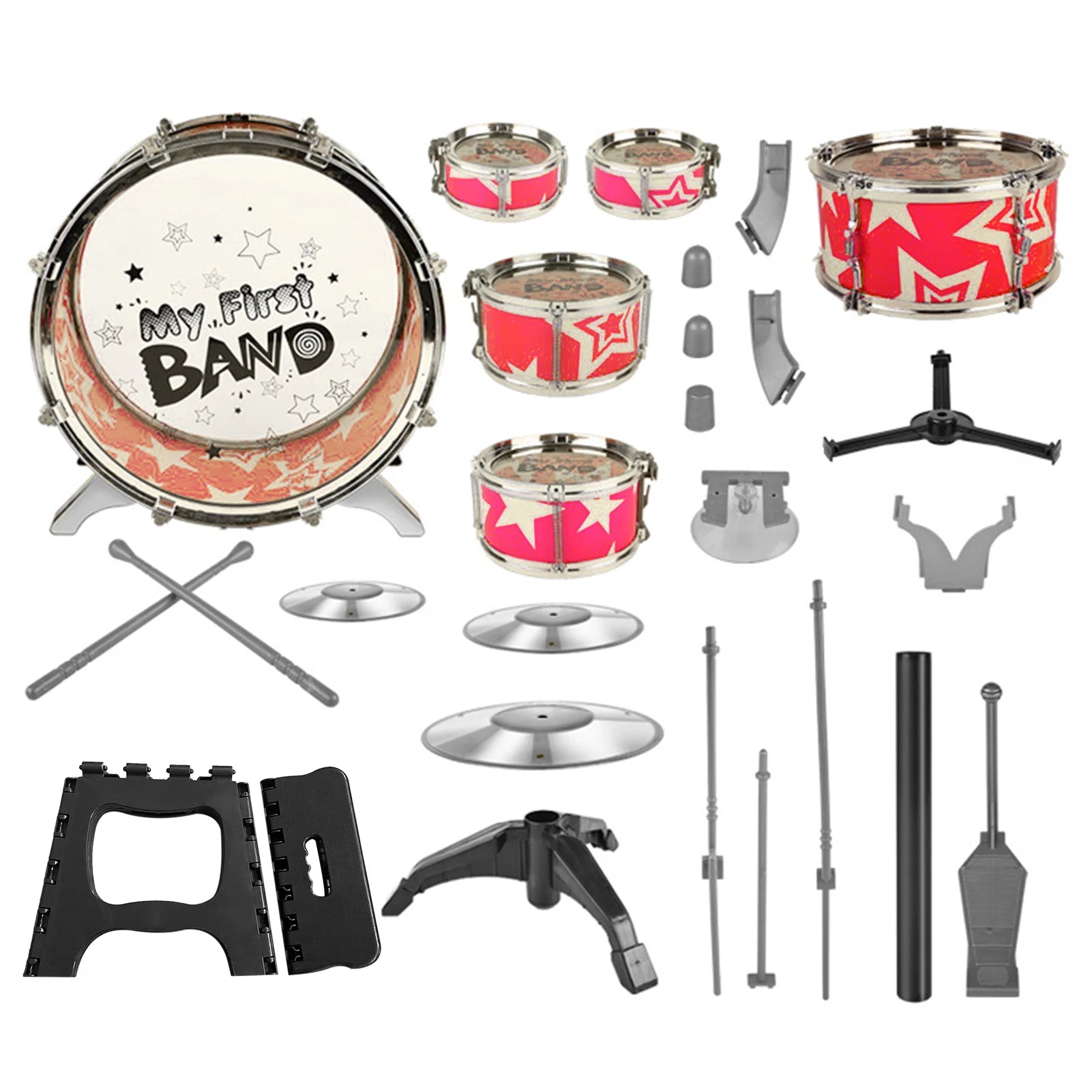 Kids Drum Set, 6-Piece, Folding Step Stool, Cymbal Pedal