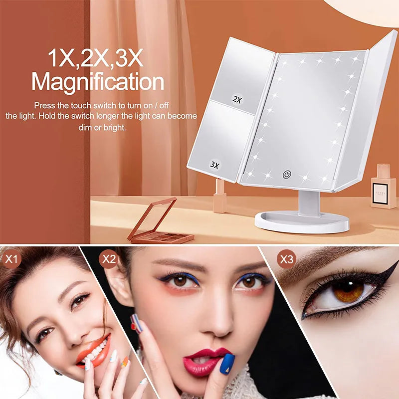 Vanity Mirror, LED Light, 3 Folding