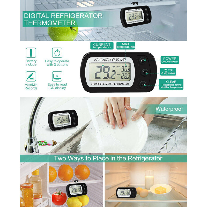 Digital Waterproof Thermometer - Large Screen, Hanging Refrigerator With