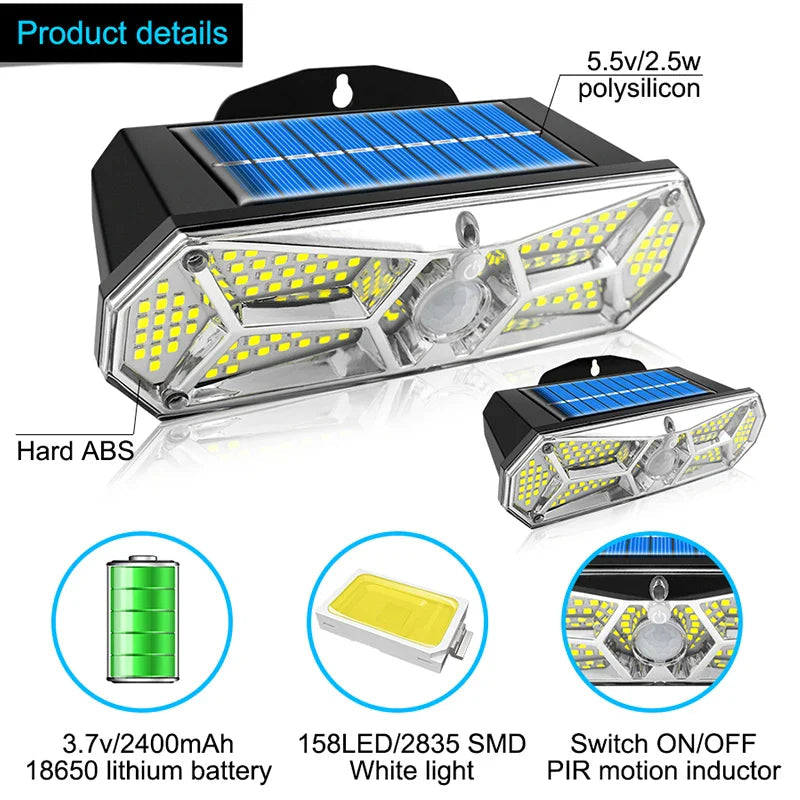 LuminoGuard | Solar LED Wandleuchte | 158 LEDs Bewegungsmelder | IP65 Wetterfest 3