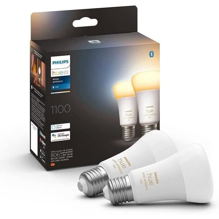 Philips Hue White Ambiance, LED Verbonden LED E27 gelijkwaardig 75W, 1100 Lumen, Bluetooth compatibel, 2-pack