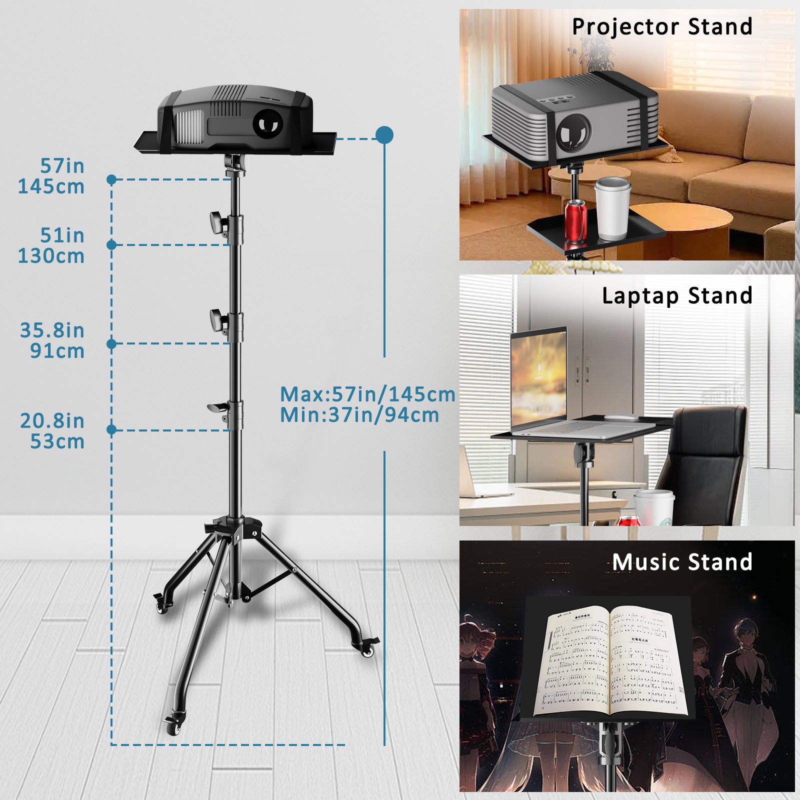 Projektør Tripod Stand, Laptop Tripod på hjul, Justerbar Højde