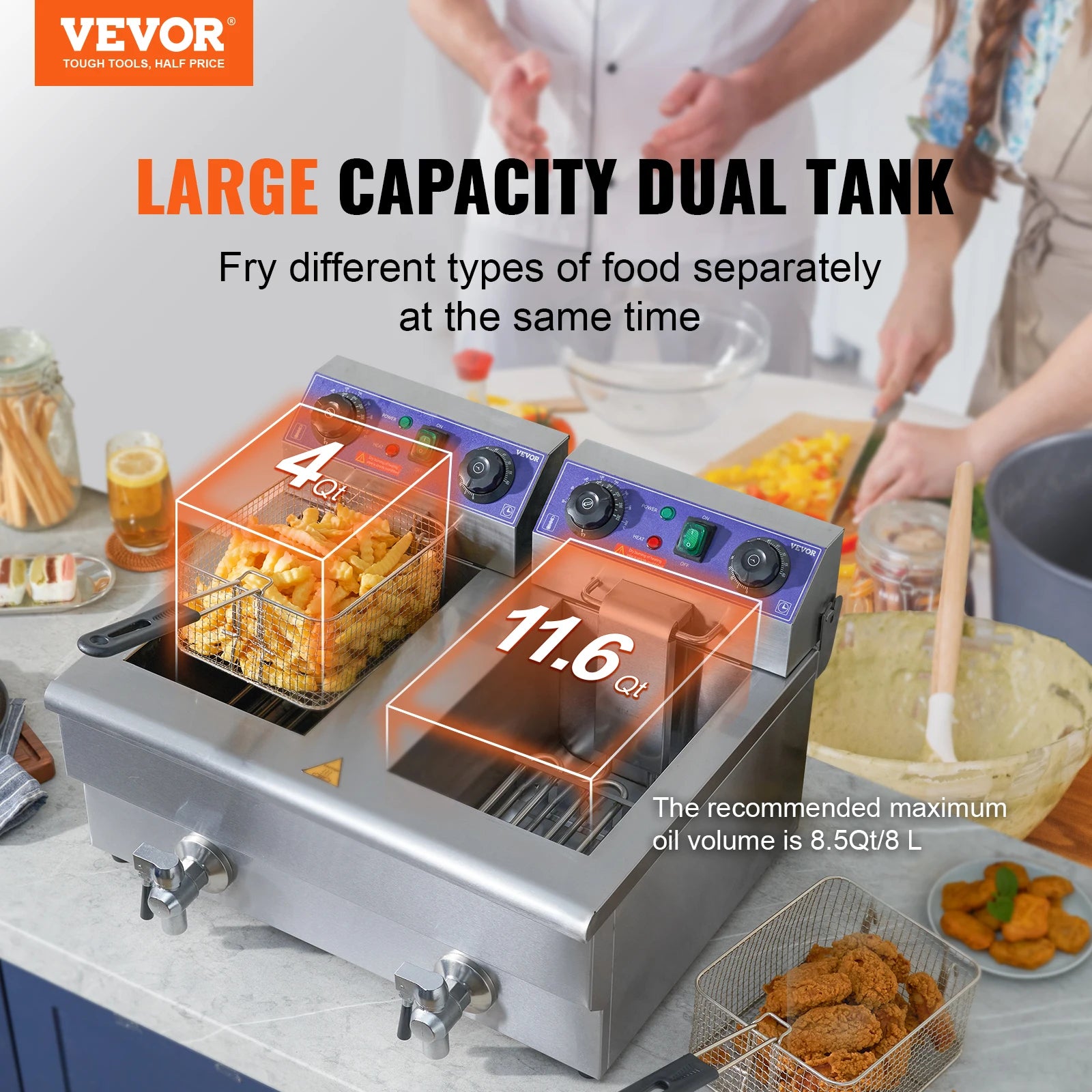 Commercial Electric Deep Fryer, Dual Tanks, Stainless Steel Countertop