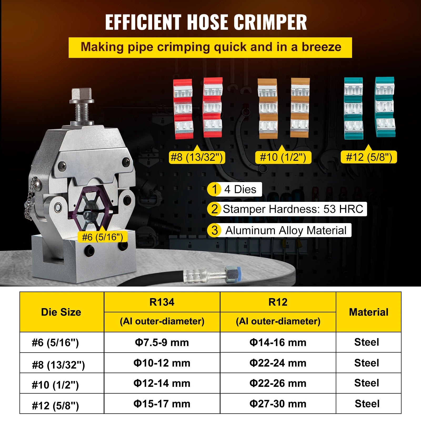 Hydraulic Press Hose Crimper Kit, 4Dies, Handheld Manual