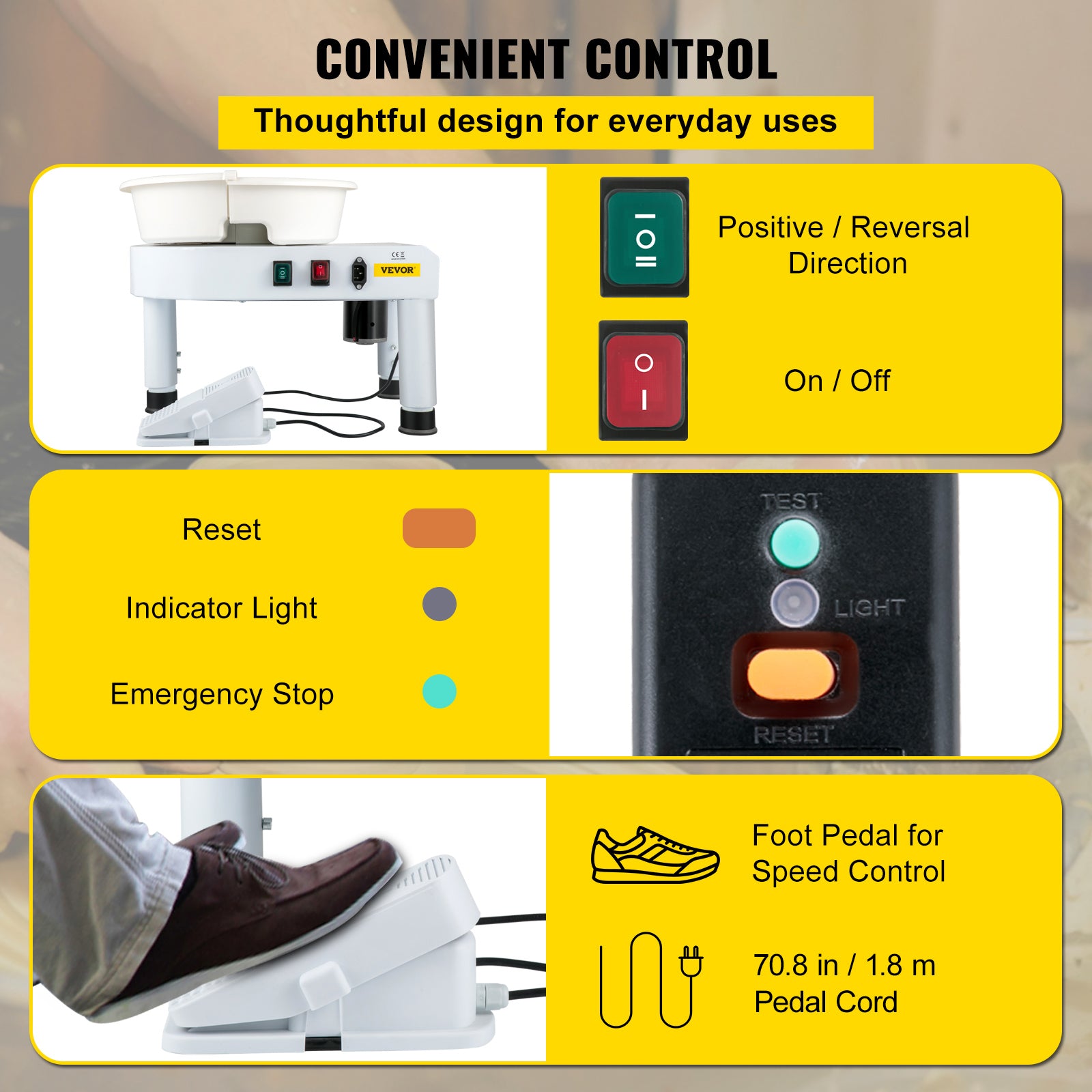 Pottery Wheel Machine, Foot Pedal Control, Removable Water Basin