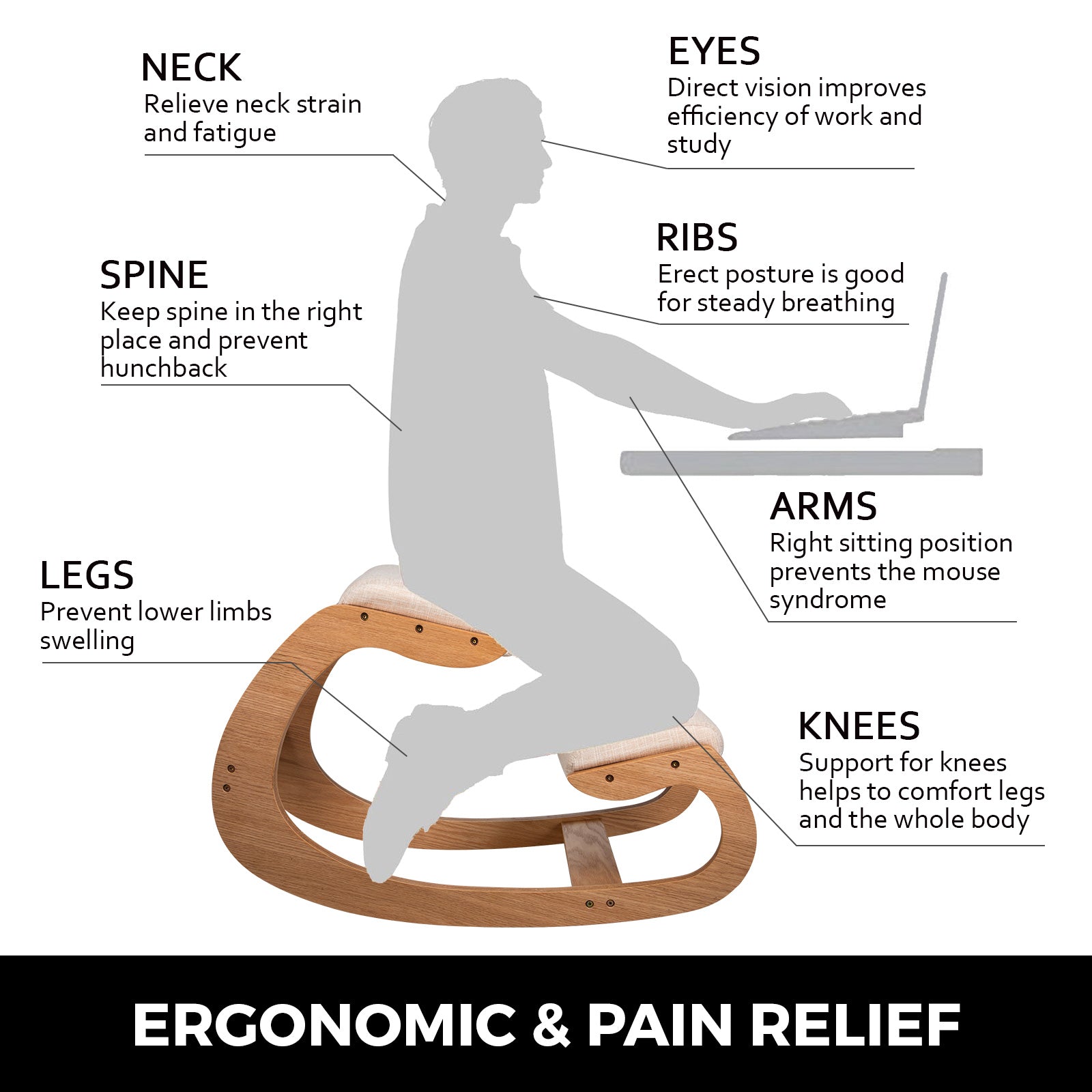 Ergonomisk Knælestol, Naturligt Birketræ, 220lbs Belastningskapacitet