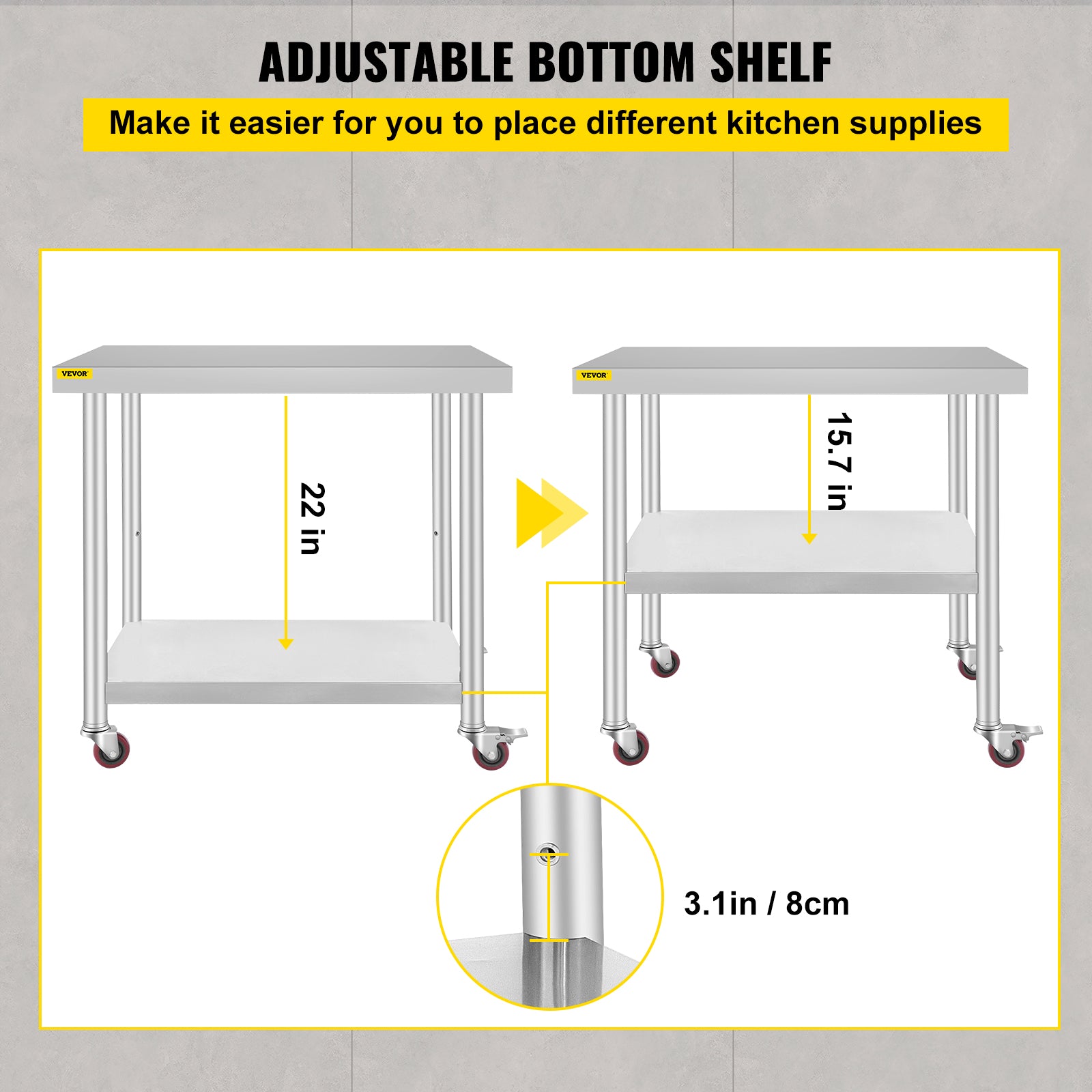 Kitchen Prep Table, Adjustable Shelf, Caster Wheels